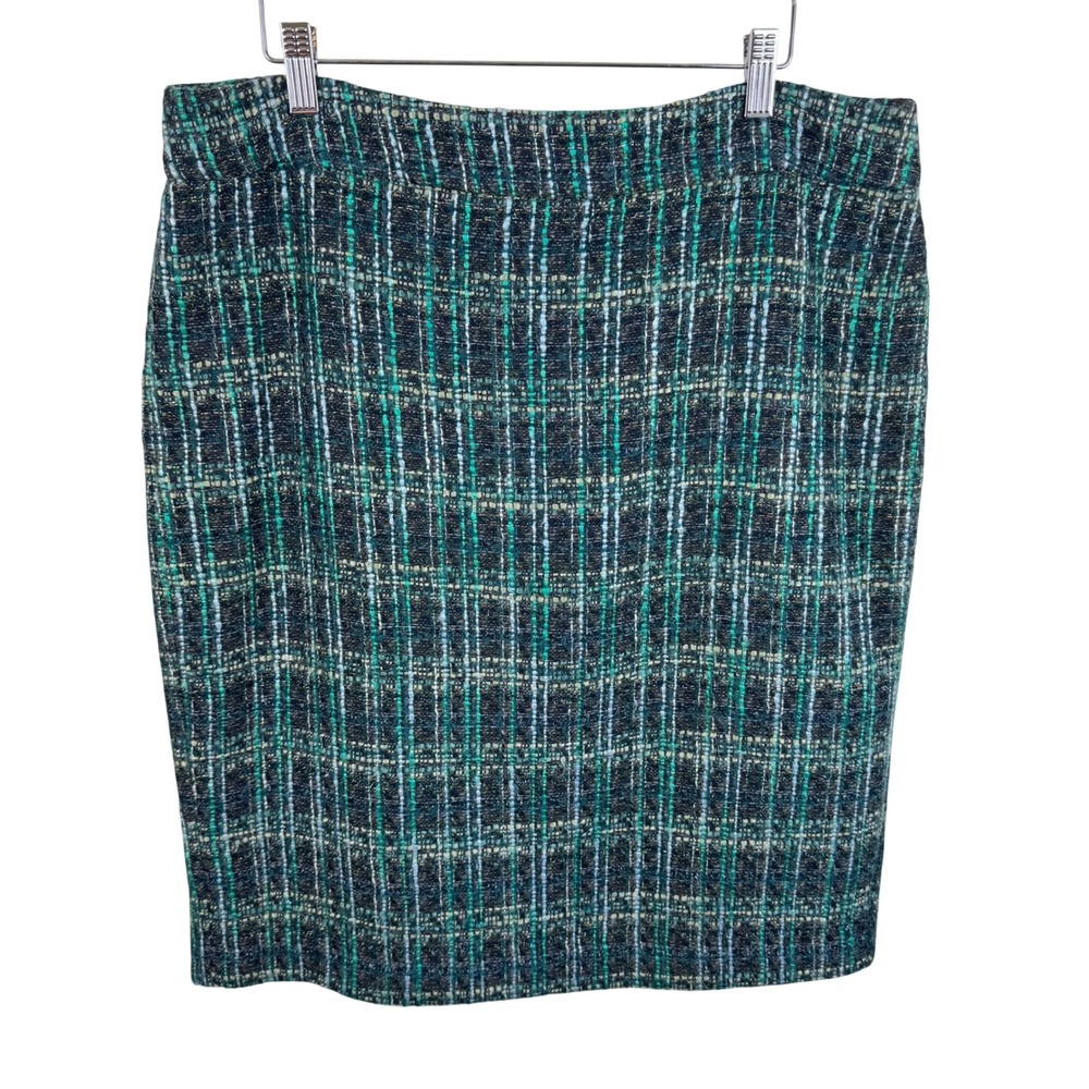 Ann Taylor Teal Green Plaid Tweed Pencil Skirt Metallic Wool‎ Blend Size 14
